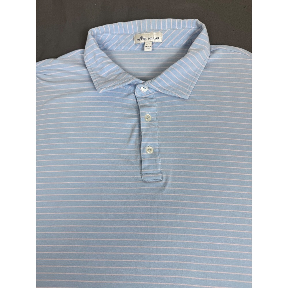 Peter Millar Mens XXL Blue Striped Pima Cotton Tencel Polo Shirt Peru Casual